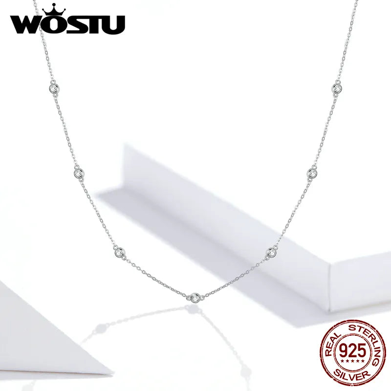 Silver Bright Zircon Simple Necklace Long Chain Link  Jewelry Gift