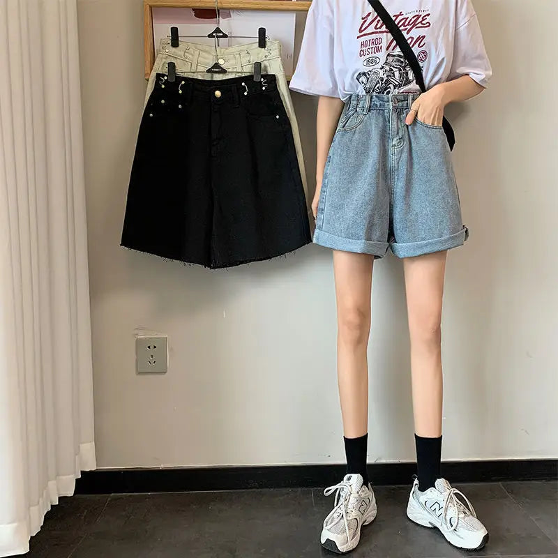 Denim Shorts Women Loose High Waist Leisure Stylish Summer Wide Leg