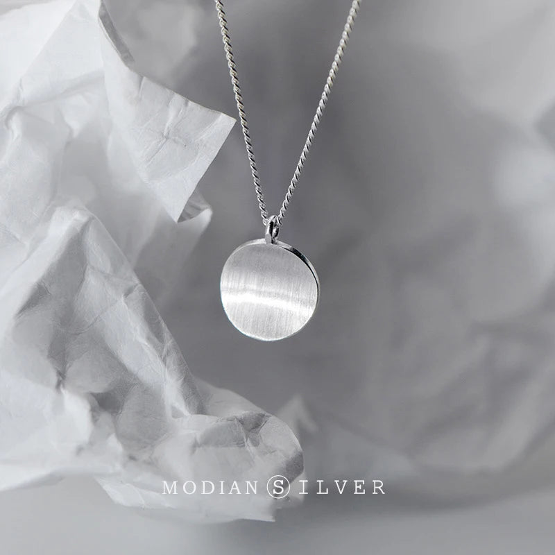 Classic Pure 925 Sterling Silver Geometric Concave Round Pendant Necklace