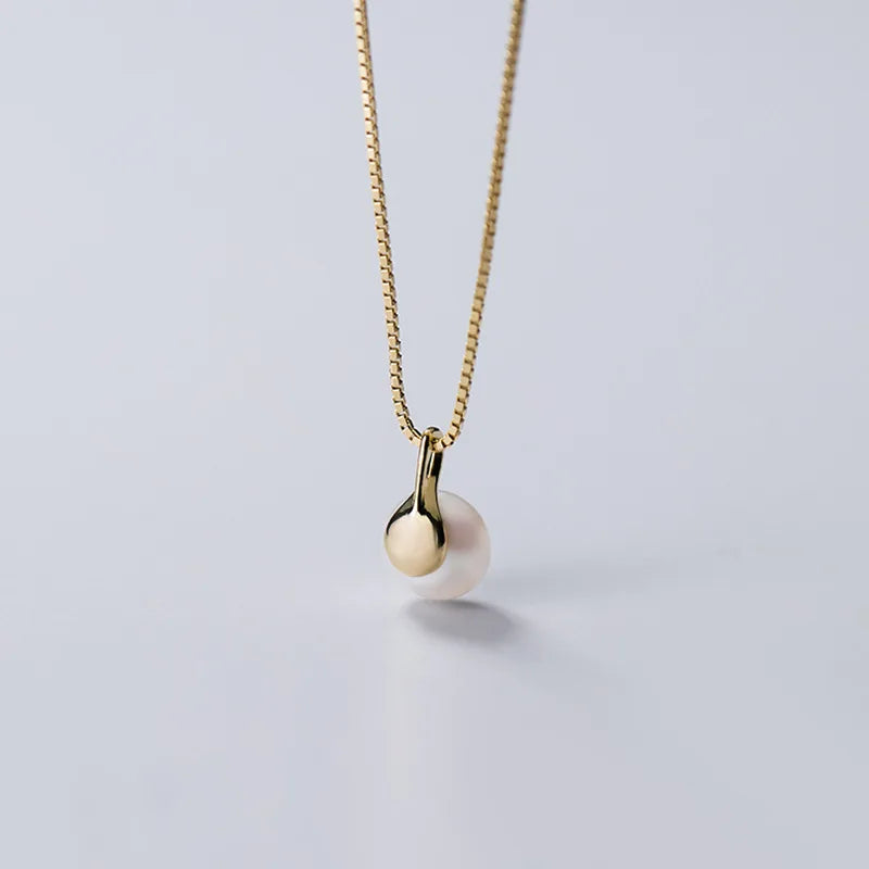 Silver Box Link Chain Geometric Baroque Pearl Charms Pendant Necklace