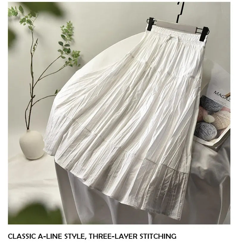 Women Elegant Vertical Stripes Cotton Skirt High Waist Pleated Lace-up