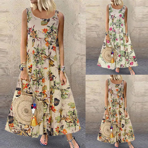 Bohemian Maxi Dress Casual Vintage Sleeveless O Neck Floral Print