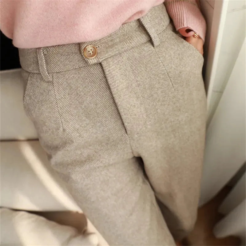 Woolen Pants Women's Harem Pencil Pants High Waisted Casual Suit