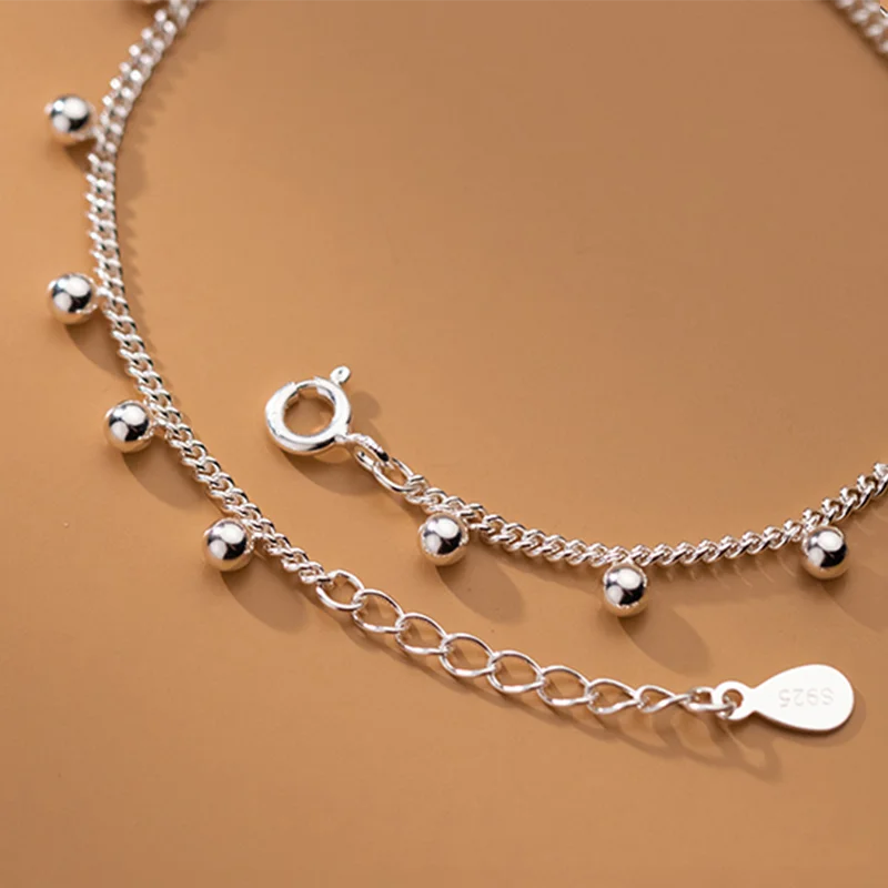 Silver Minimalist Glossy Bead Link Chain Charm Bracelet Anklet