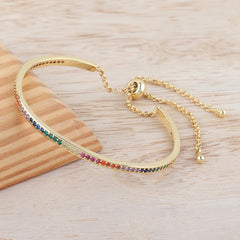 Adjustable Chain Charm Rainbow Bangles Copper Zirconia Cuff Bracelet Jewelry