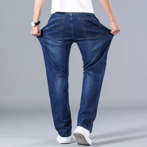 Classic Men's Thin Blue Jeans Stretch Loose Straight Denim Trousers