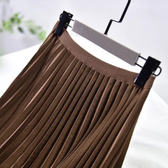 Pleated Solid Casual High Waist Twill A-Line Midi Long Skirts