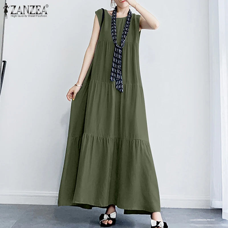 Women Summer Elegant Maxi Long Dress Casual O Neck Sleeveless