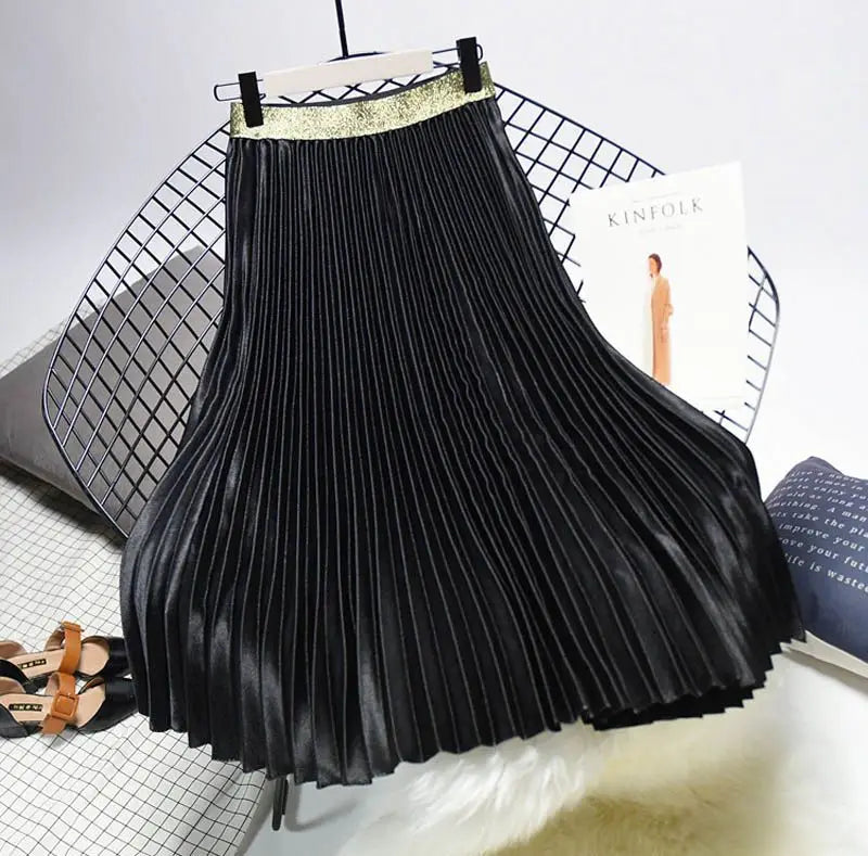 Women's Fashion Solid Color Midi Skirt Ladies Elastic High Waist