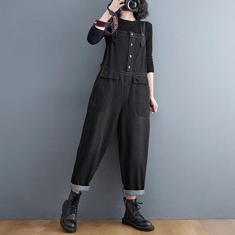 Casual Streetwear Black Denim Jumpsuit Loose Wide Leg Plus Size