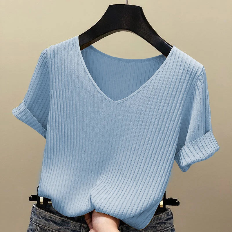 Knitted short sleeve Women V-Neck T Shirts