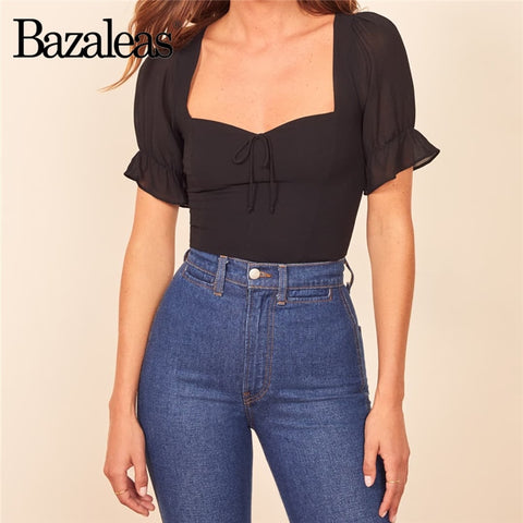 Vintage blouse Black Flare Short Sleeve Fashion