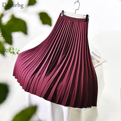 Solid Color Midi Long High Waist Pleated  A-Line Skirts