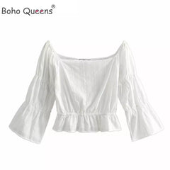 Boho Hippie Women White Slash Neck Bohemian Blouse Shirts