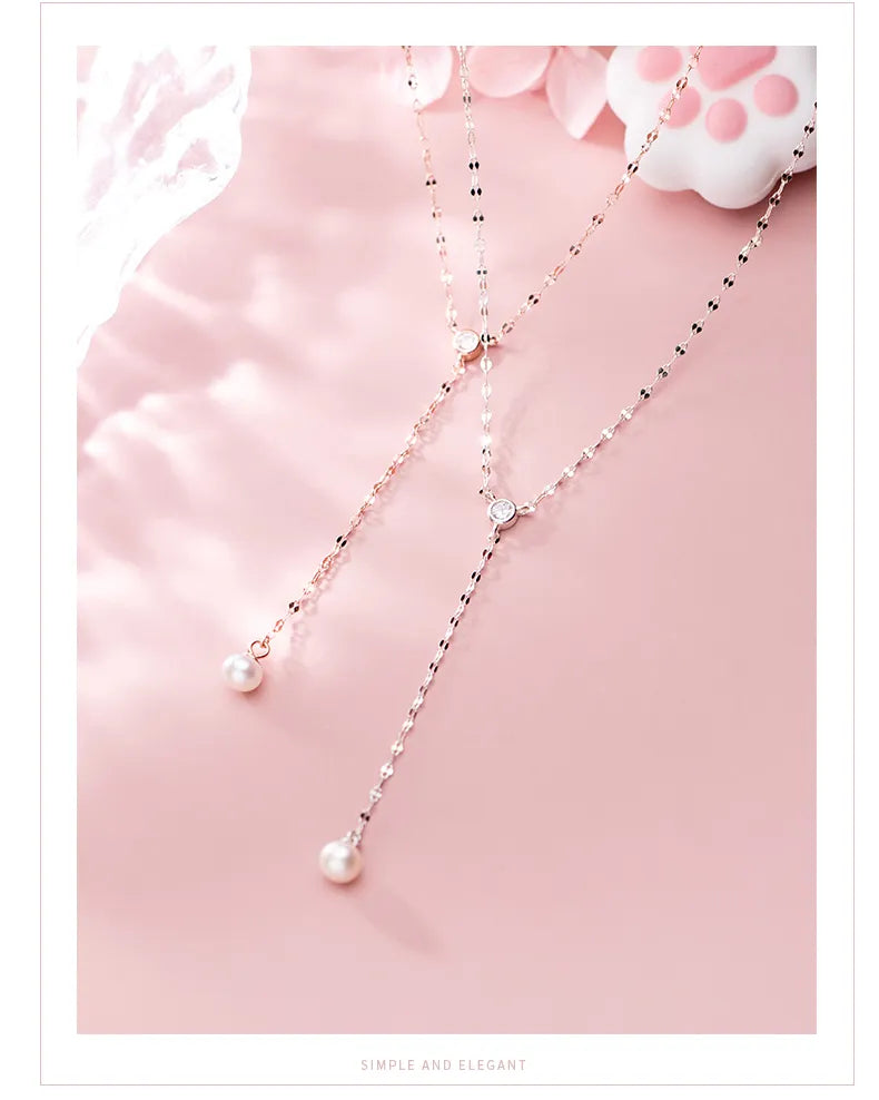 Shiny Zircon Y-Shape Elegant Pearl Pendant Necklace