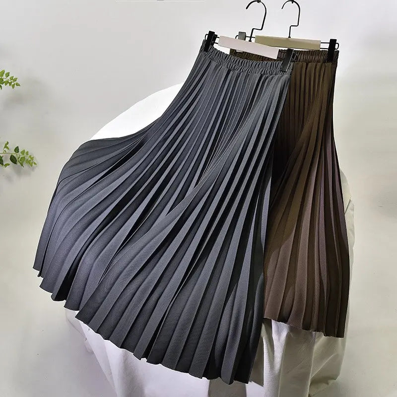 Solid Color Midi Long High Waist Pleated  A-Line Skirts