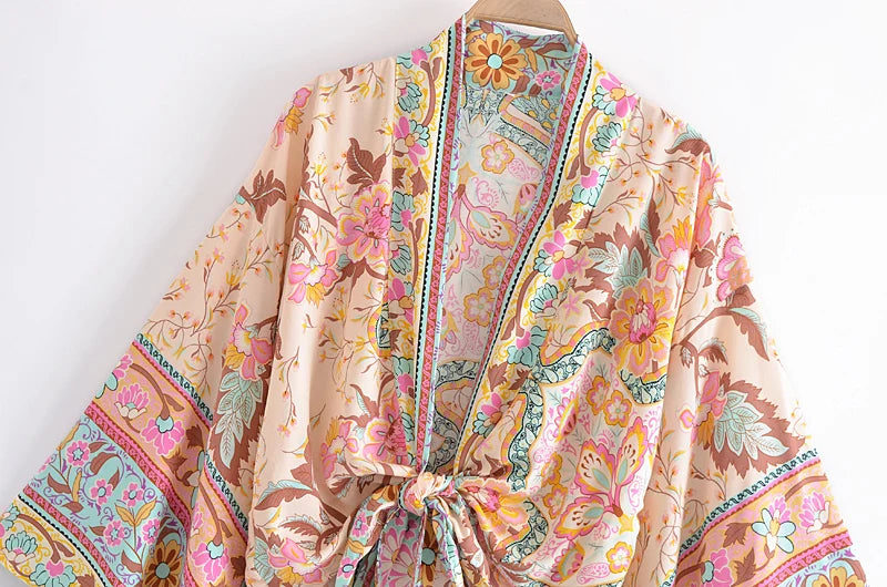 Vintage Peacock Floral Print Short Kimono Fashion Rayon Boho Cover-ups