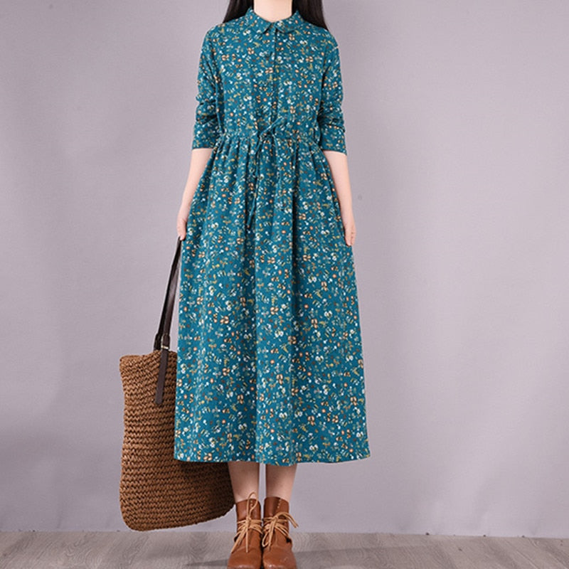 Long Sleeve Dress Print Floral Draw String Slim Vintage Office