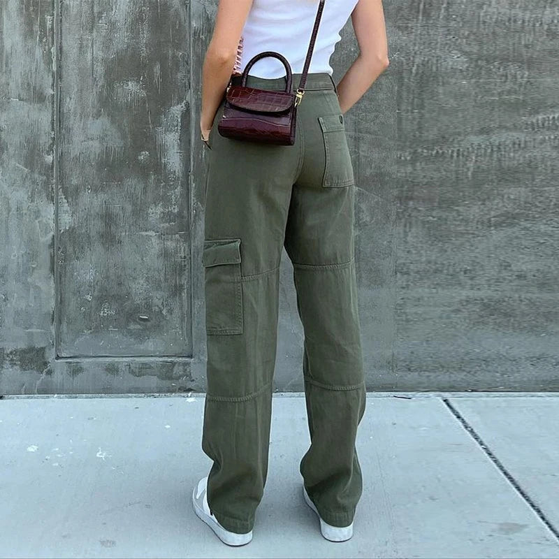 Green Casual Jeans Big Pockets Vintage Straight Cargo Pants