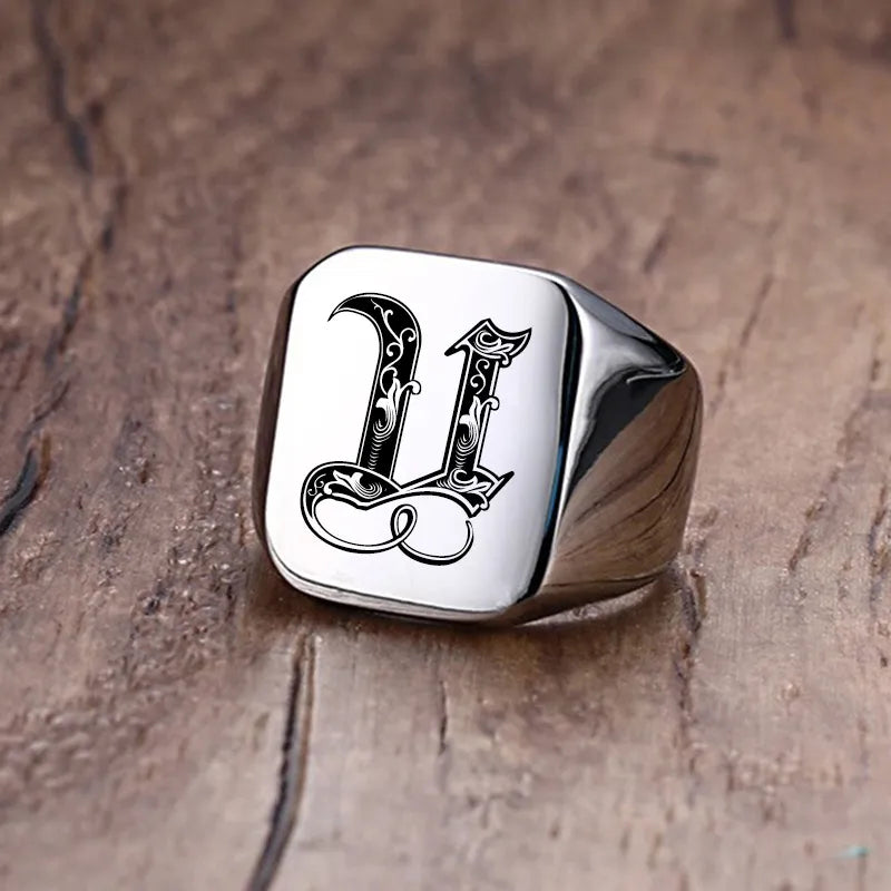 Retro Initials Signet Ring for Men 18mm Stamp Stainless Steel Jewelry