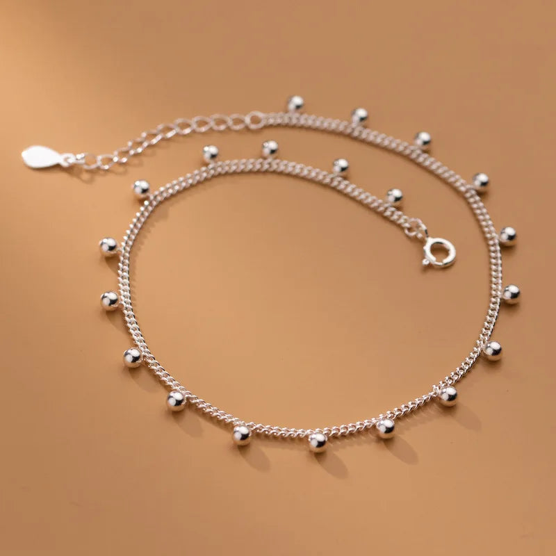 Silver Minimalist Glossy Bead Link Chain Charm Bracelet Anklet