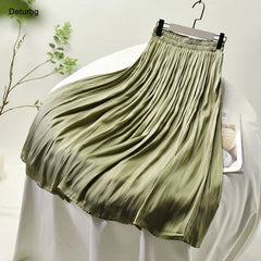 Pleated Matt Midi Skirt Female High Waist Solid Color Side Pockets