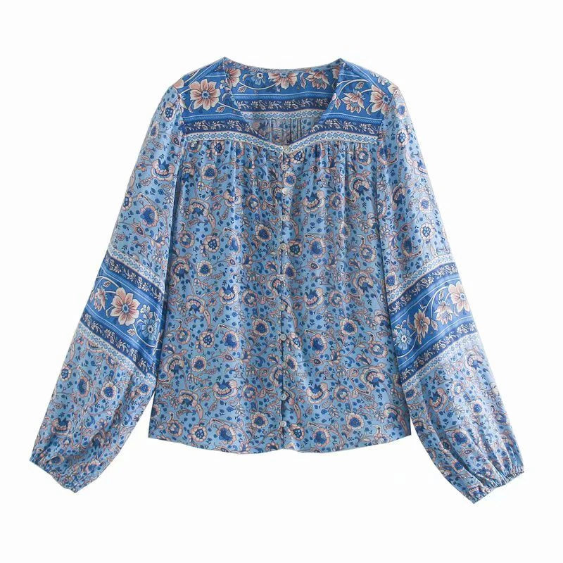 Long Sleeve Blouses Shirt Vintage V Neck Blue Floral Print Casual Boho