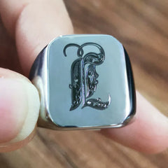 Retro Initials Signet Ring for Men 18mm Stamp Stainless Steel Jewelry