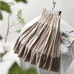 Women Elegant Vertical Stripes Cotton Skirt High Waist Pleated Lace-up