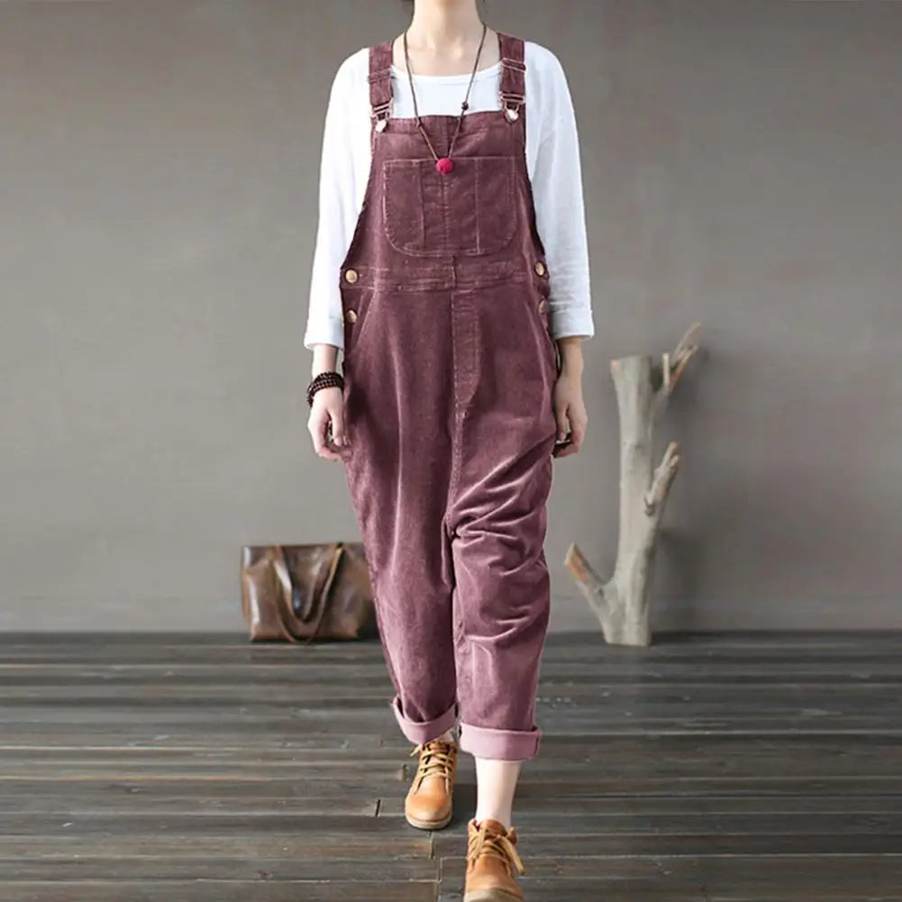 Corduroy Women Wide Leg Overalls Solid Color Wide Leg Jumpsuit