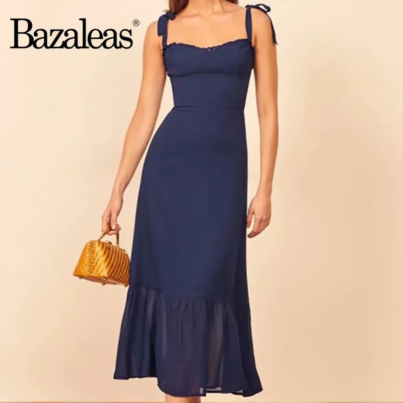 Vestidos Casual Ruffle Navy Spaghetti Strap Dresses