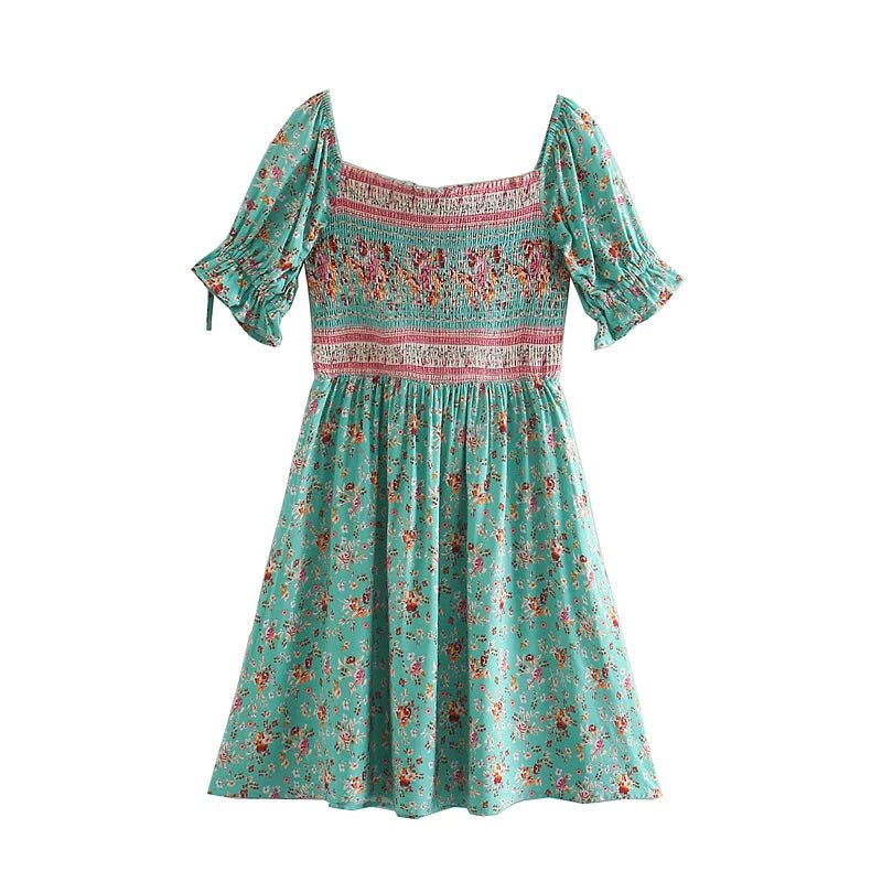 Floral Print Bohemian Mini Dress Ladies Short Sleeve Square Collar