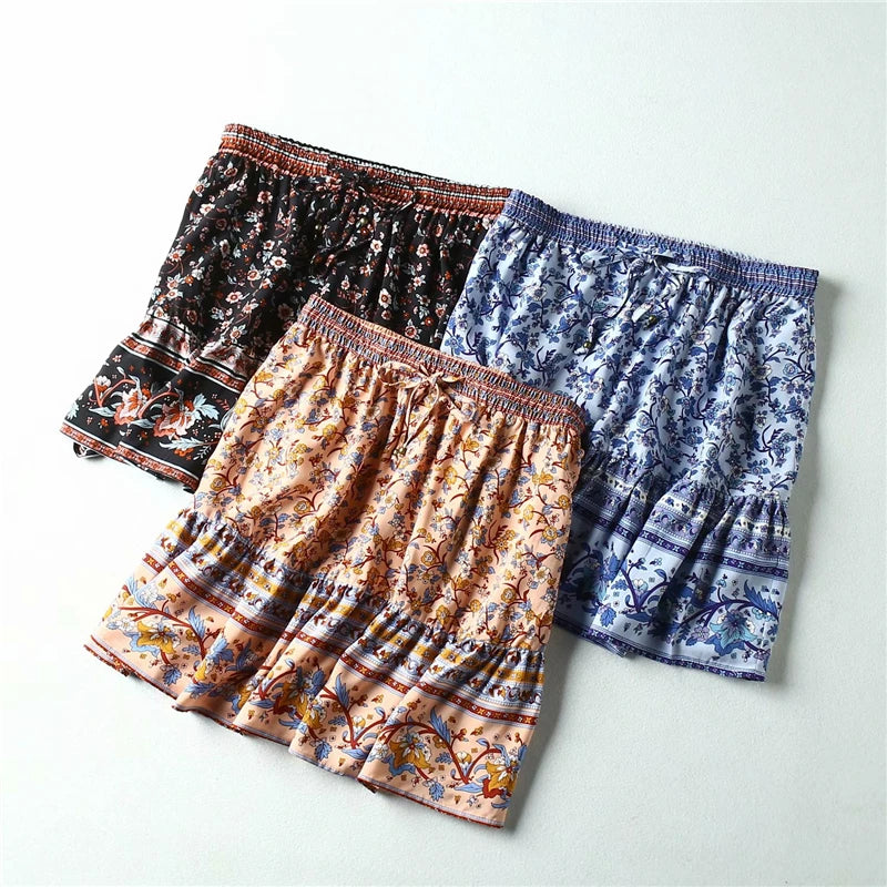 Floral Printed Beach Bohemian  Rayon Elastic Waist Mini Boho Skirts