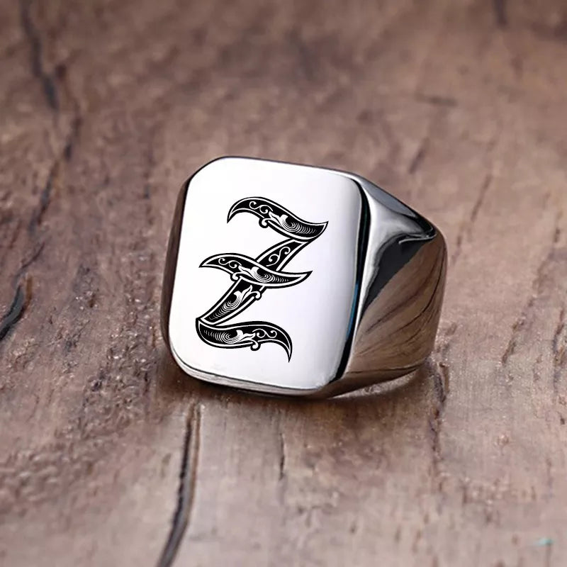 Retro Initials Signet Ring for Men 18mm Stamp Stainless Steel Jewelry