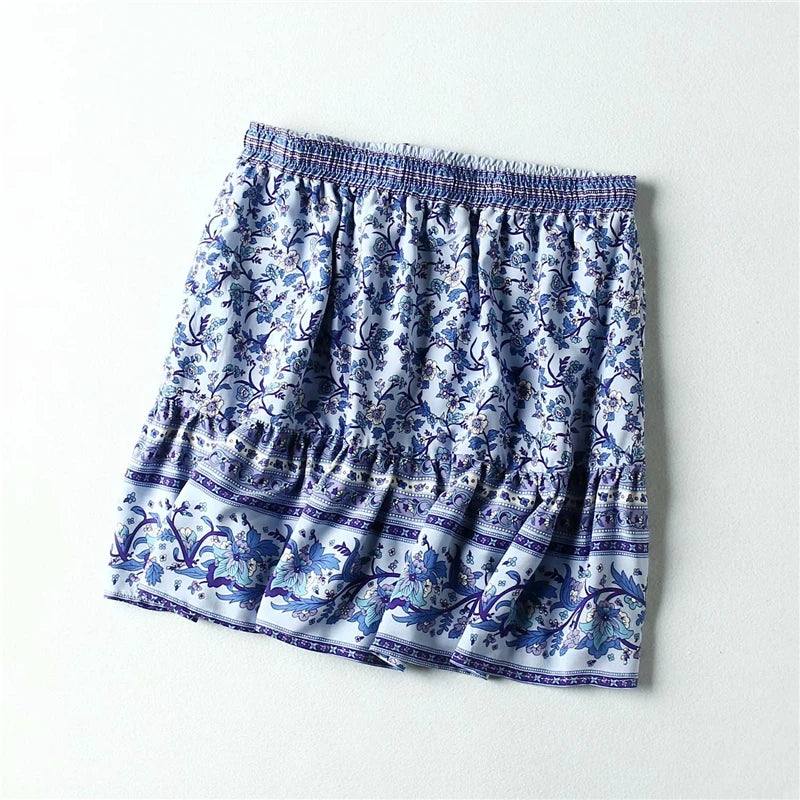 Floral Printed Beach Bohemian  Rayon Elastic Waist Mini Boho Skirts