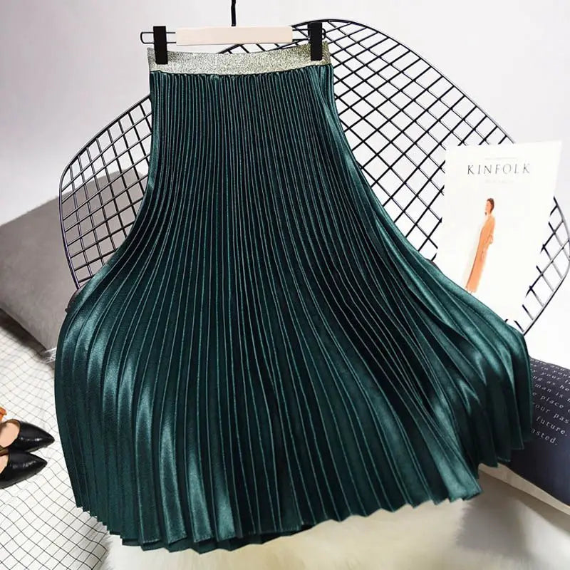 Women's Fashion Solid Color Midi Skirt Ladies Elastic High Waist