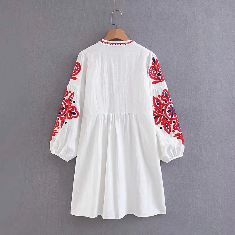 Bow Tie Ethnic Lantern Sleeve Embroidered Floral Cute Dresses