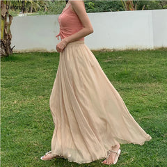 Solid Color Long High Waist Chiffon Beach A-Line Skirts