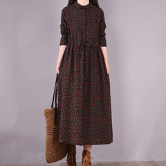 Long Sleeve Dress Print Floral Draw String Slim Vintage Office