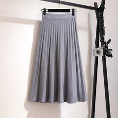 Elegant Midi Pleated Knitted Knee Length a line High Waist Skirt