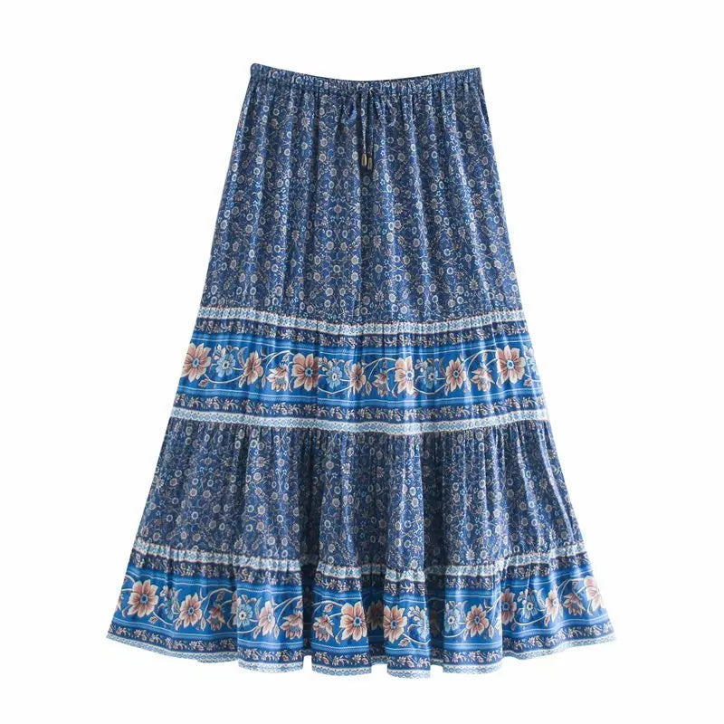 Vintage Chic Floral Printed High Elastic Waist Beach Bohemian Skirt