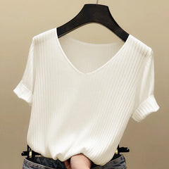 Knitted short sleeve Women V-Neck T Shirts