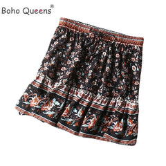 Floral Printed Beach Bohemian  Rayon Elastic Waist Mini Boho Skirts