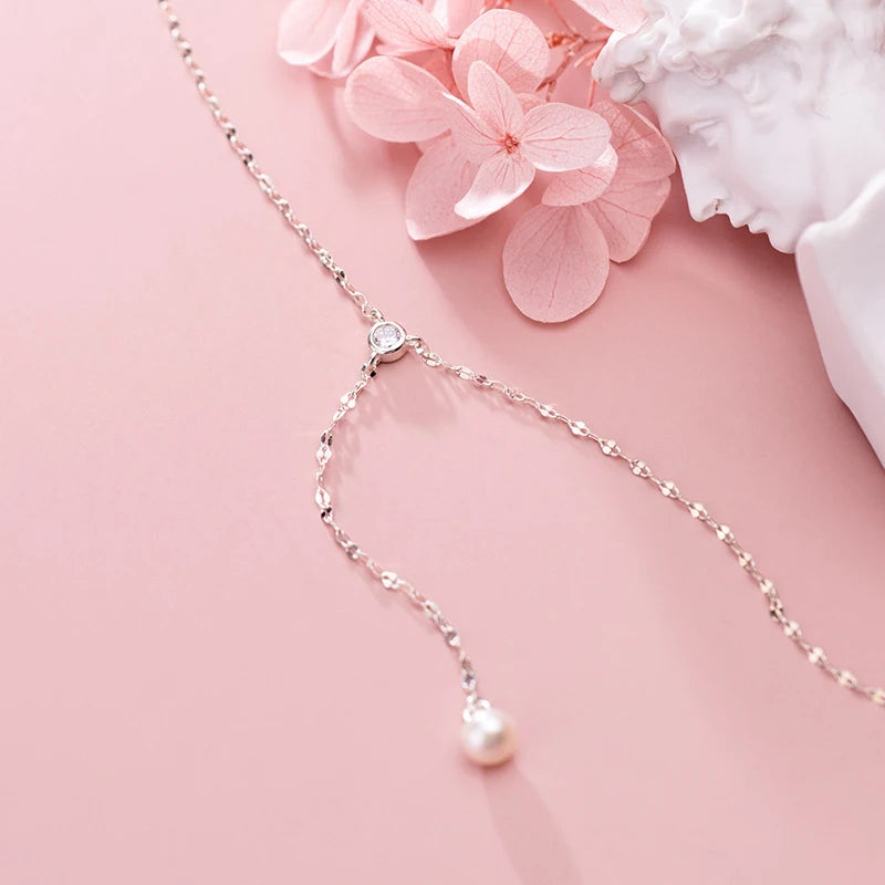 Shiny Zircon Y-Shape Elegant Pearl Pendant Necklace