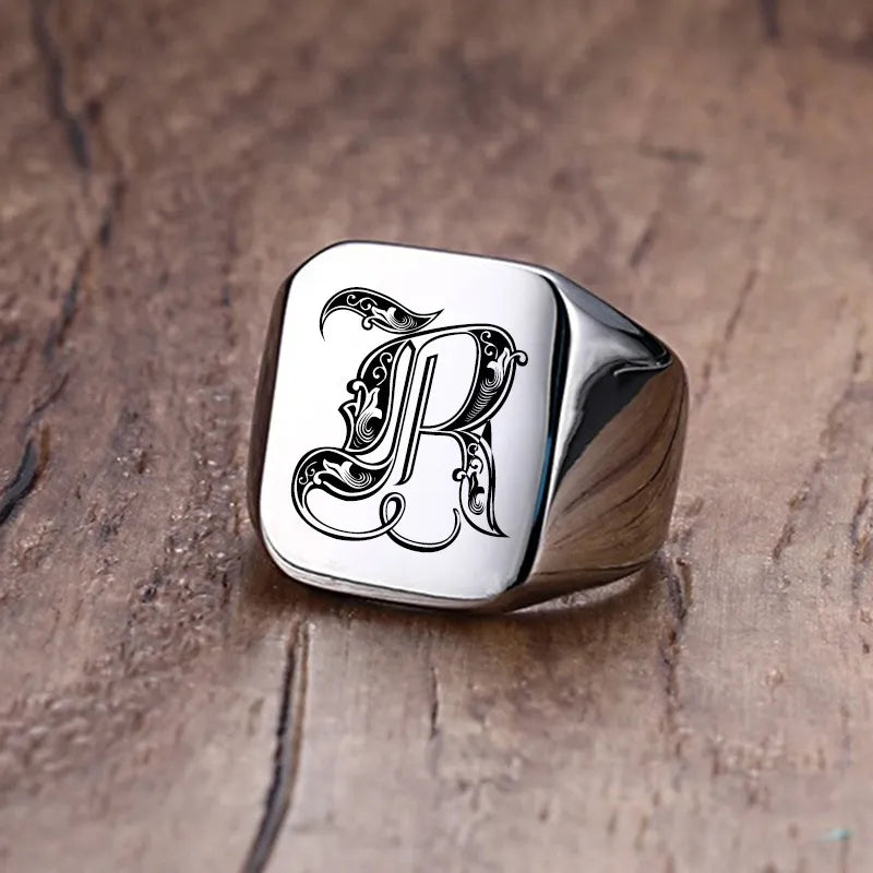 Retro Initials Signet Ring for Men 18mm Stamp Stainless Steel Jewelry