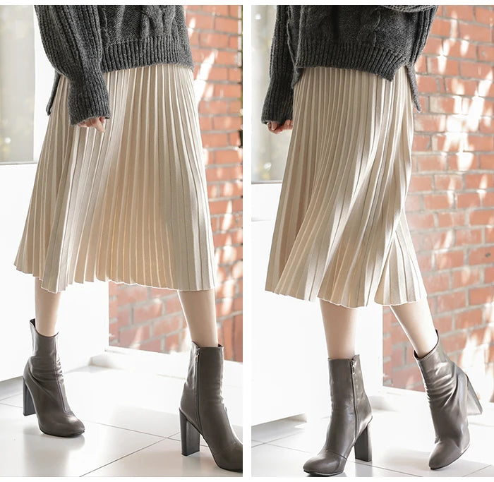 Elegant Midi Pleated Knitted Knee Length a line High Waist Skirt