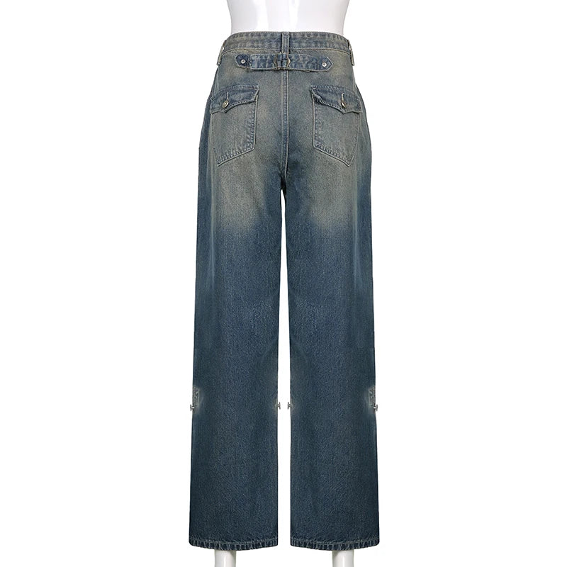 Retro Baggy Jeans Bandage Pockets Denim Trousers High Waisted