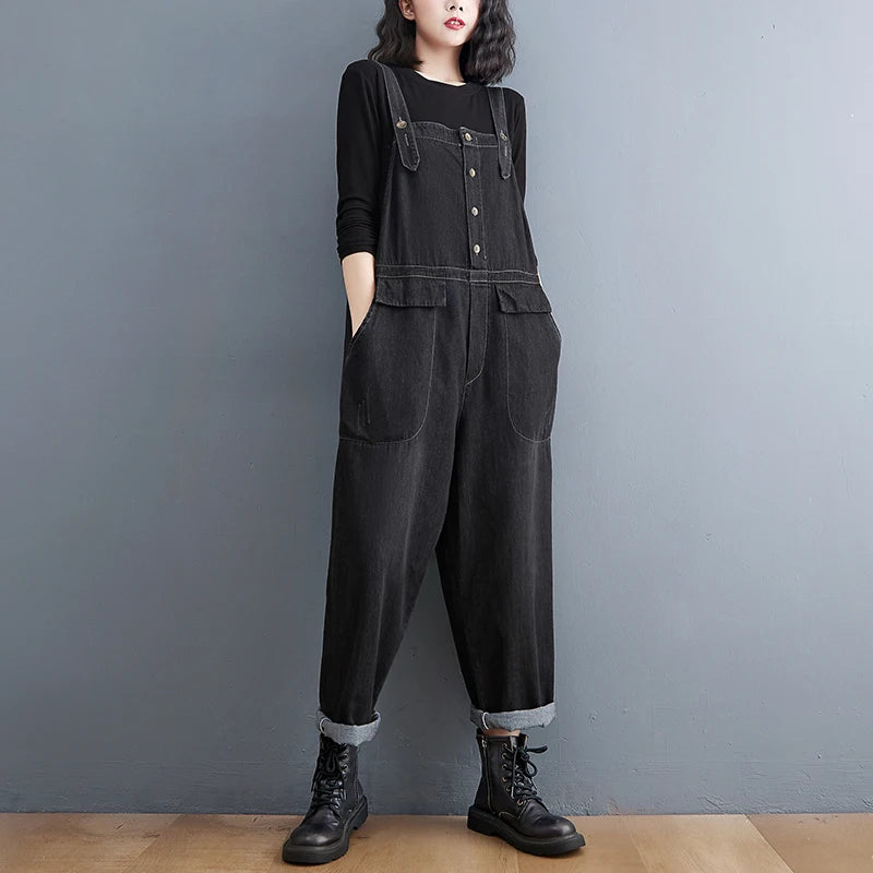 Casual Streetwear Black Denim Jumpsuit Loose Wide Leg Plus Size