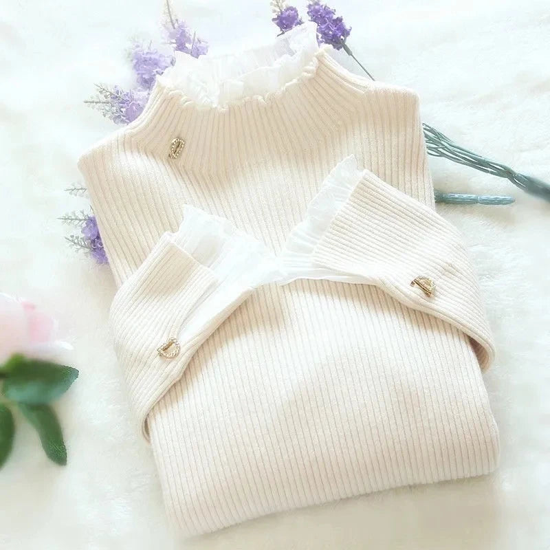 Patchwork Turtleneck Knitted Pink Tops Chic Ruffle Pullover