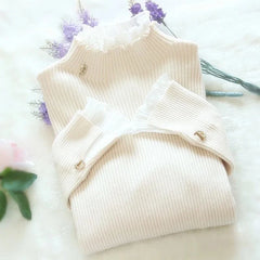 Patchwork Turtleneck Knitted Pink Tops Chic Ruffle Pullover